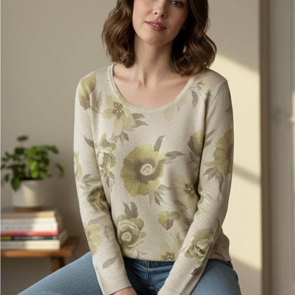 VTG Harold's Sage Cream Wool Blend Knit Sweater‎ Metallic Made in Italy Size M